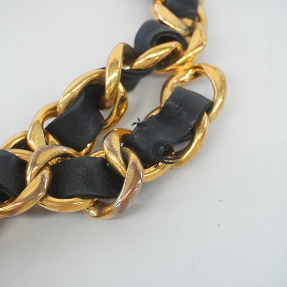 Auth Chanel Belt Chain Belt Gold Metal Fittings Women's Leather Chain Belt Black - Picture 6 of 11